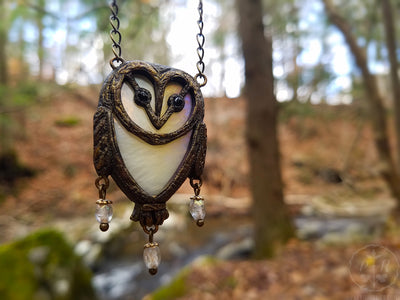 tyto alba ~ Opalescent Stained Glass Barn Owl Amulet