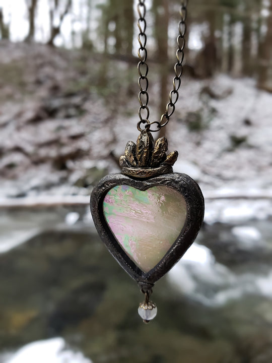Gloriana Sacred Heart ~ Iridescent Stained Glass Amulet