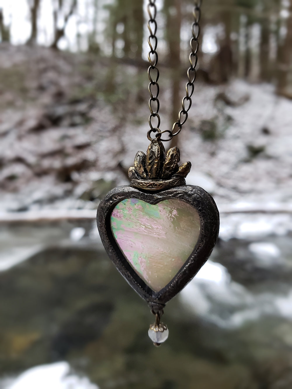 Gloriana Sacred Heart ~ Iridescent Stained Glass Amulet