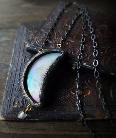 Goddess Iris Moon ~ Iridescent Rainbow Stained Glass Amulet