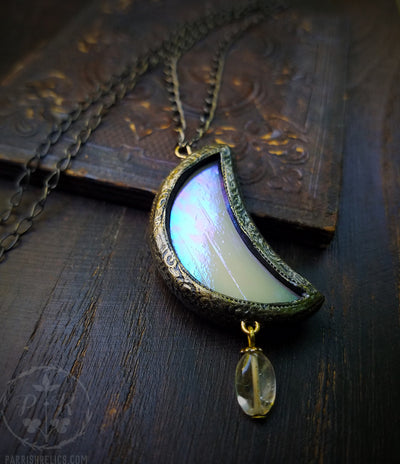 Citrine Iridescent Luna Crescent ~ Stained Glass Amulet