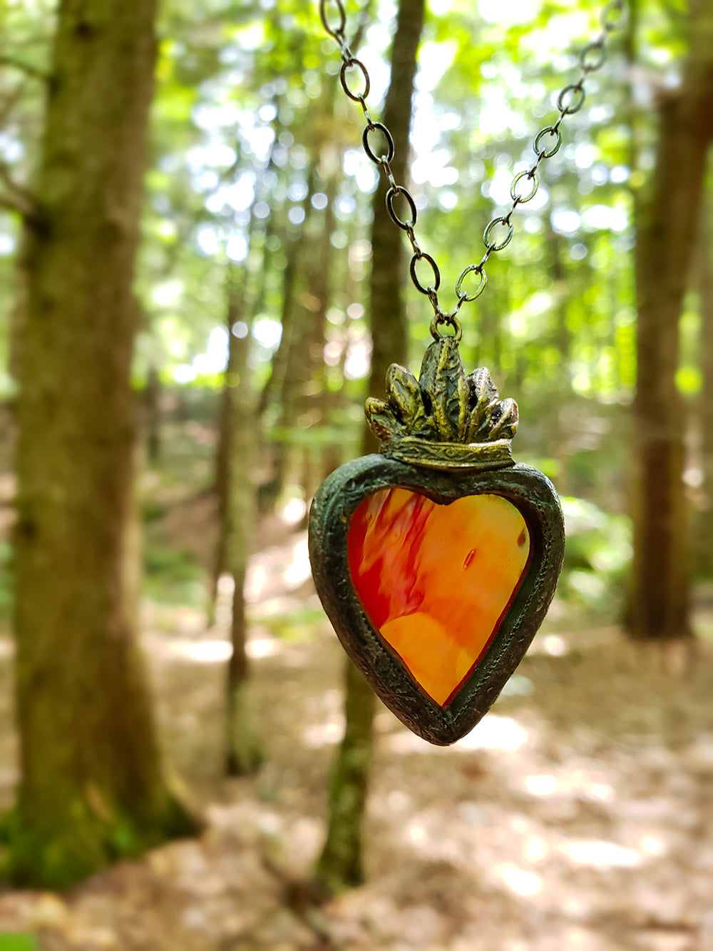 Iridescent Stained Glass Sacred Heart Amulet