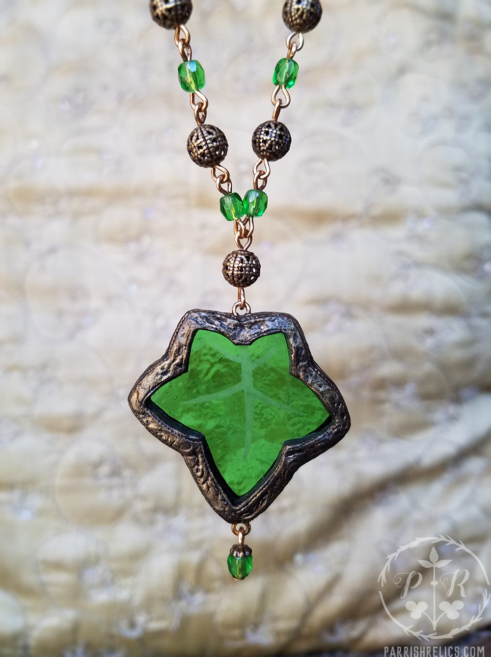 Medieval Ivy Leaf ~ Etched Stained Glass Amulet