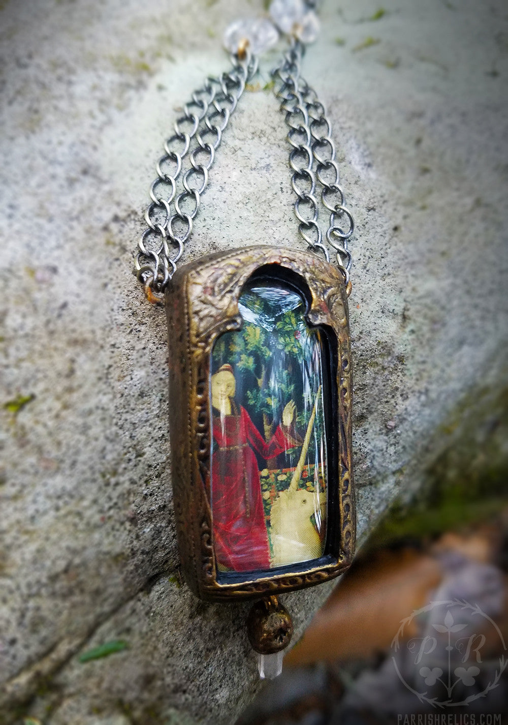 Lady & the Unicorn ~ Gothic Arch Quartz Crystal Pictorial Shrine Amulet