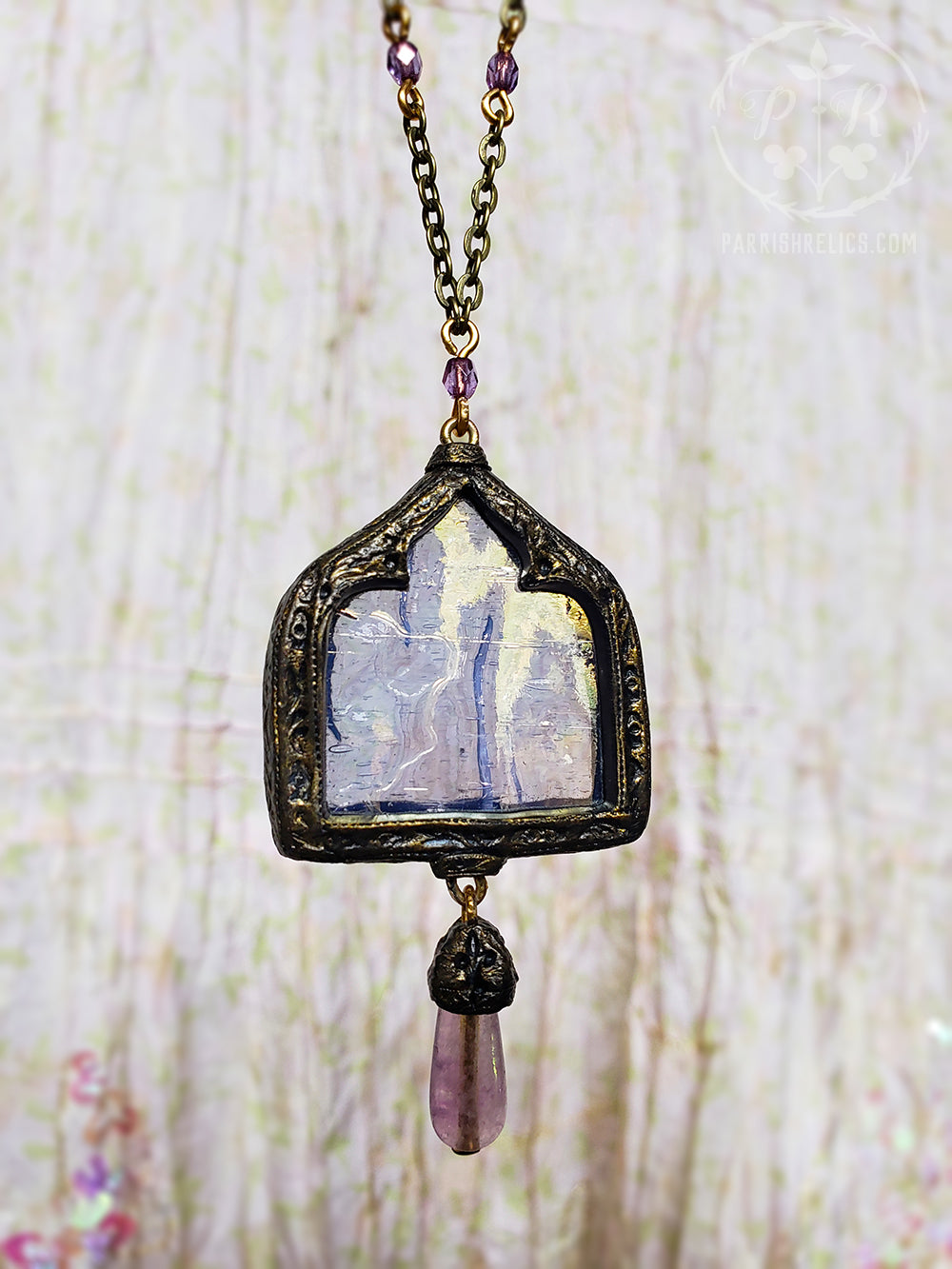 Ygrayne's Window ~ Iridescent Stained Glass Gothic Arch Amulet