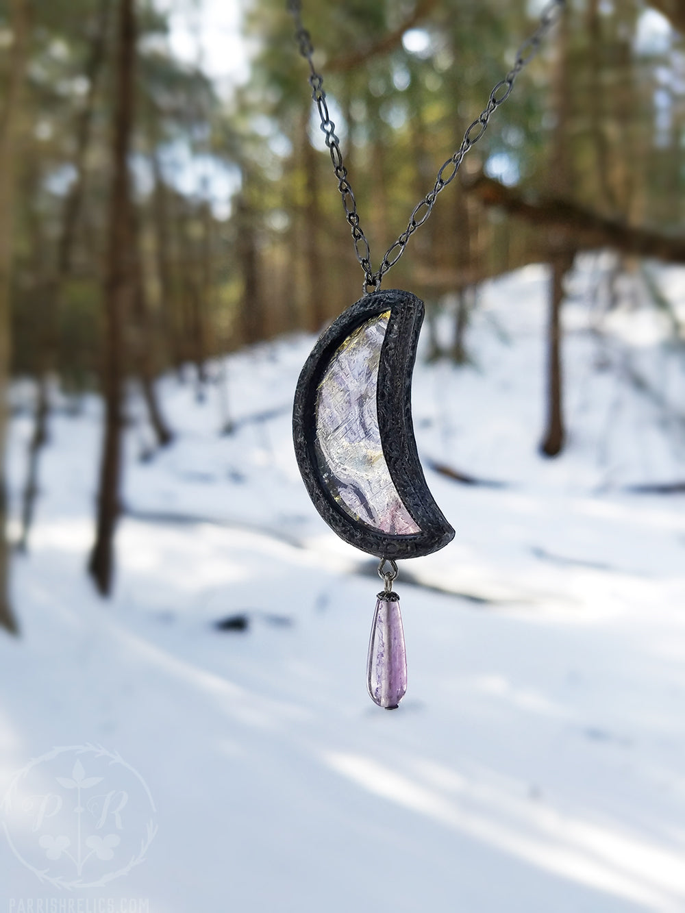Iridescent Lavender Luna Crescent ~ Stained Glass Amulet