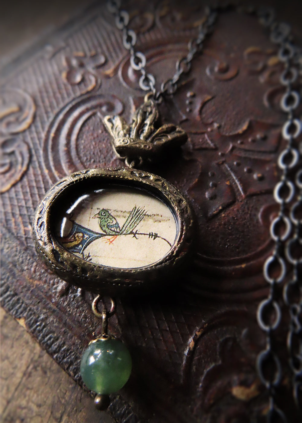 Medieval Manuscript Little Green Bird ~ Crowned Pictorial Shrine Amulet