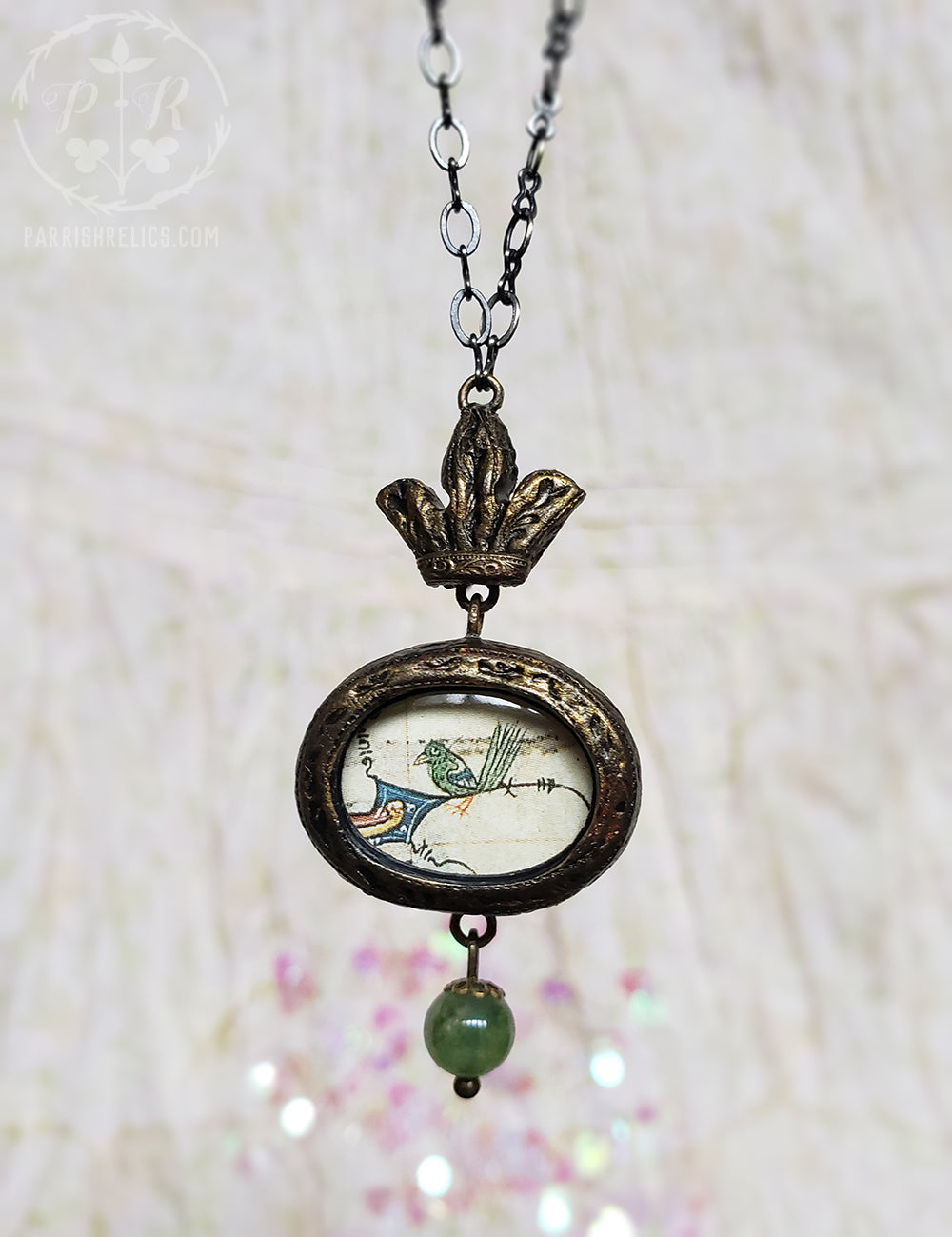 Medieval Manuscript Little Green Bird ~ Crowned Pictorial Shrine Amulet