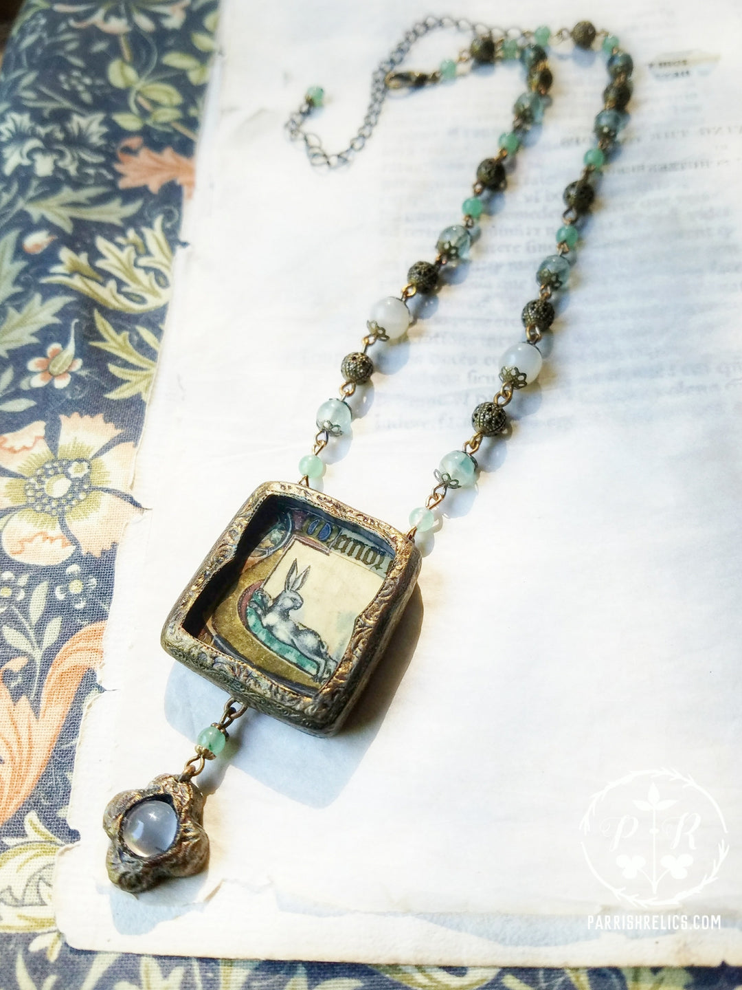Medieval Manuscript Hare Pictorial Amulet with Moonstone Clover Cross