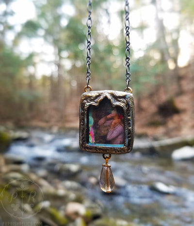 Ophelia ~ Iridescent Glass Gothic Arch Pictorial Shrine Amulet