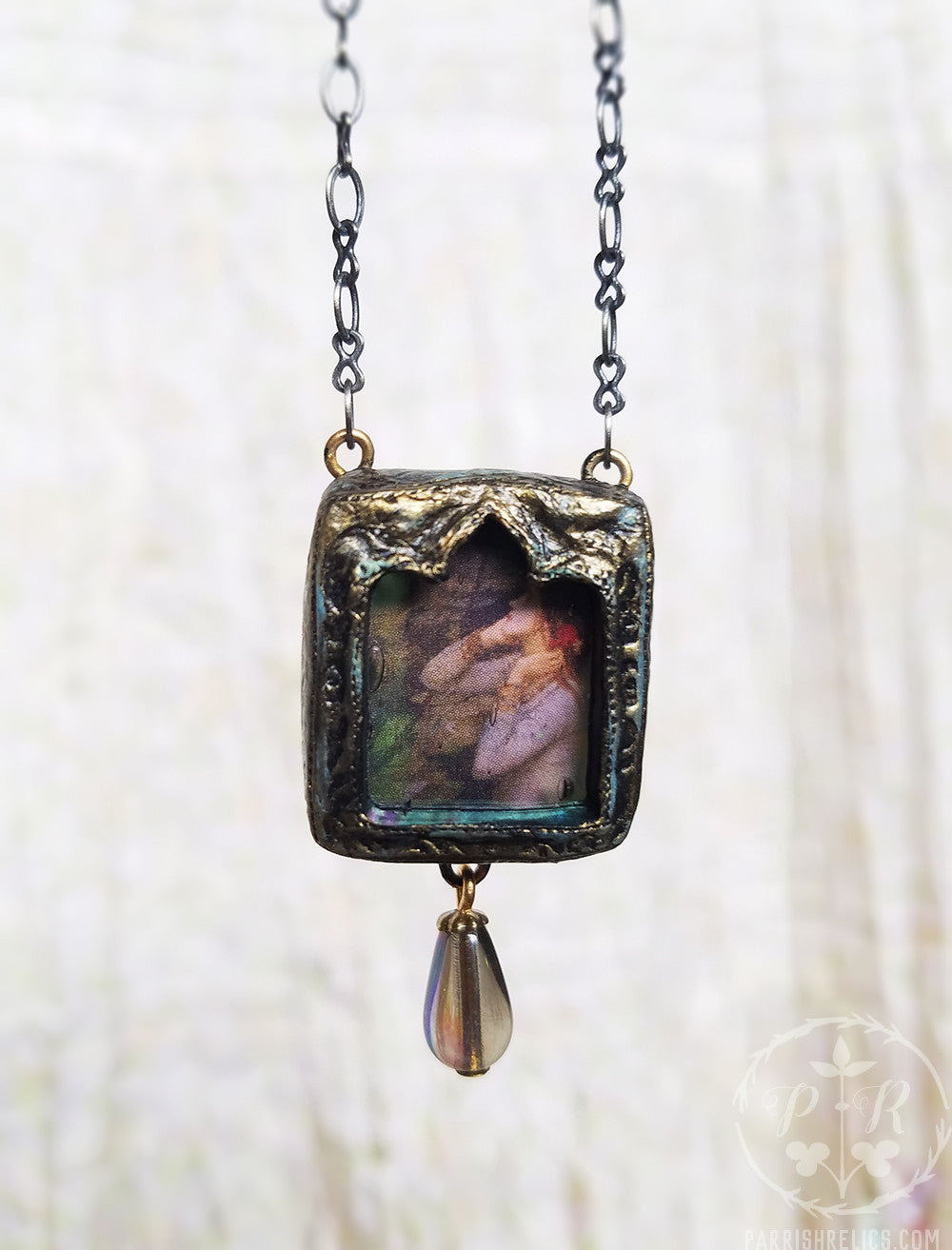 Ophelia ~ Iridescent Glass Gothic Arch Pictorial Shrine Amulet