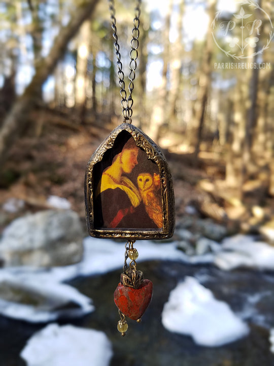 The Owl ~ Sacred Heart Gothic Arch Pictorial Shrine Amulet