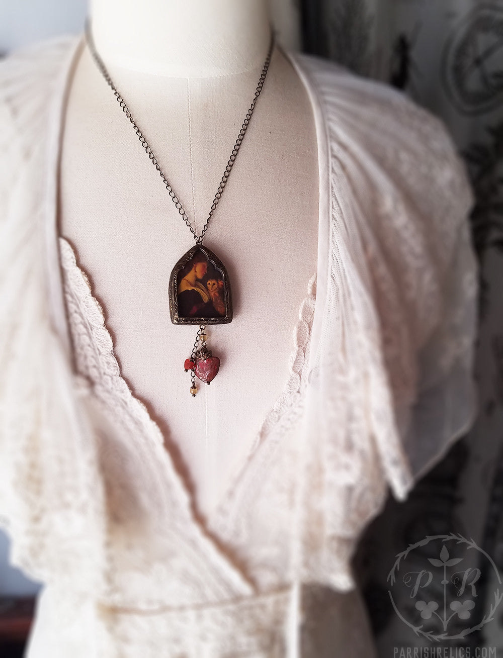 The Owl ~ Sacred Heart Gothic Arch Pictorial Shrine Amulet
