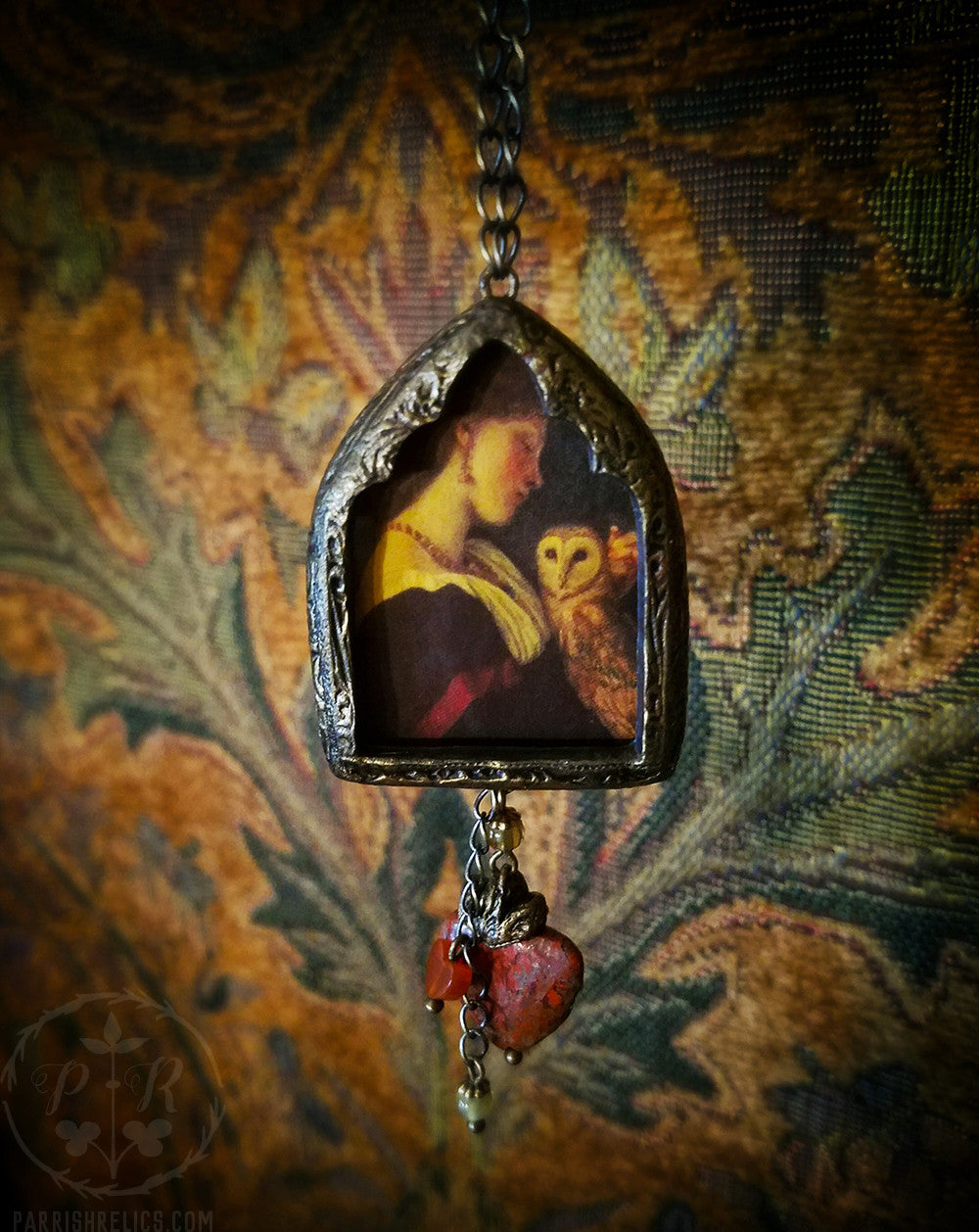 The Owl ~ Sacred Heart Gothic Arch Pictorial Shrine Amulet