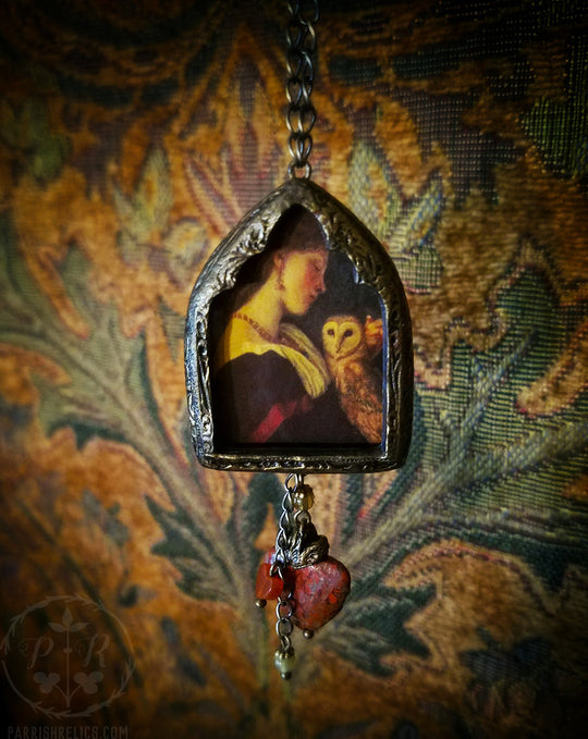 The Owl ~ Sacred Heart Gothic Arch Pictorial Shrine Amulet