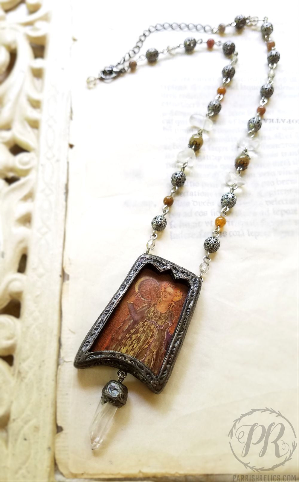 Sforza Moon ~ Fancy Jasper & Quartz Crystal Amulet Necklace