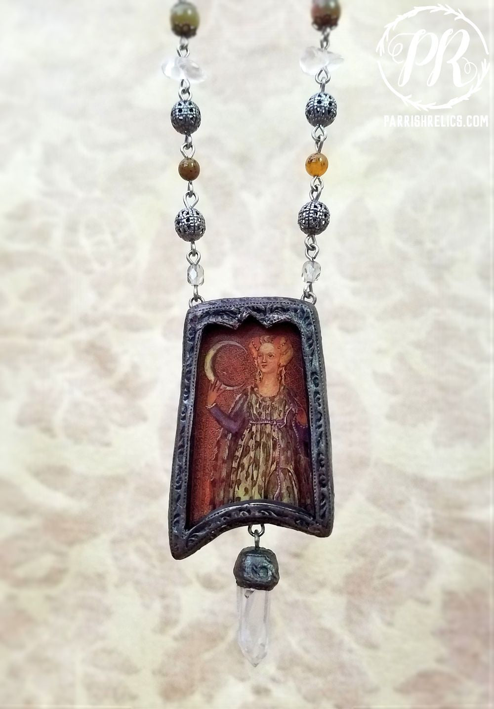 Sforza Moon ~ Fancy Jasper & Quartz Crystal Amulet Necklace