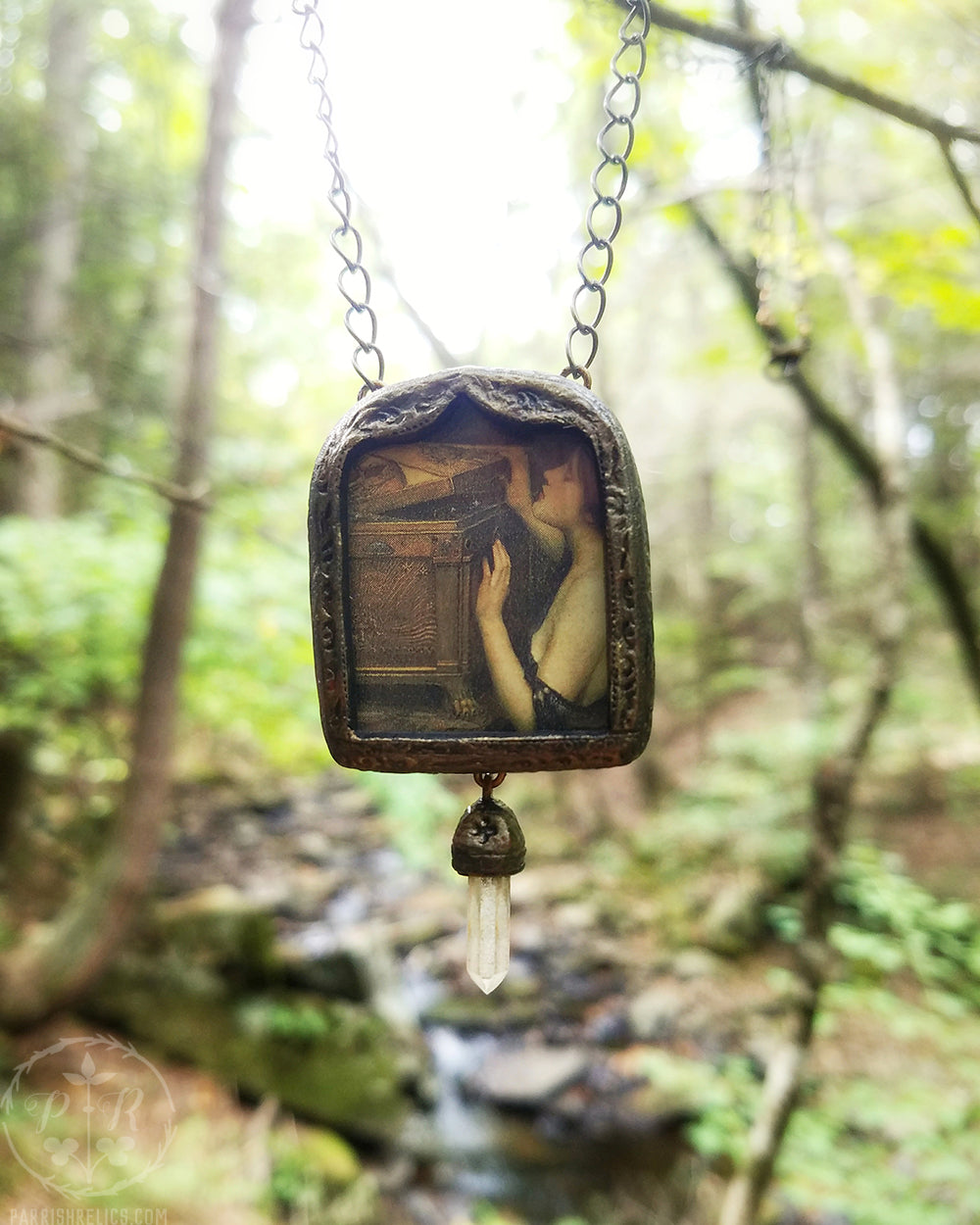 Pandora's Box Gothic Arch ~ J W Waterhouse Pictorial Shrine Amulet ~ Quartz Crystal