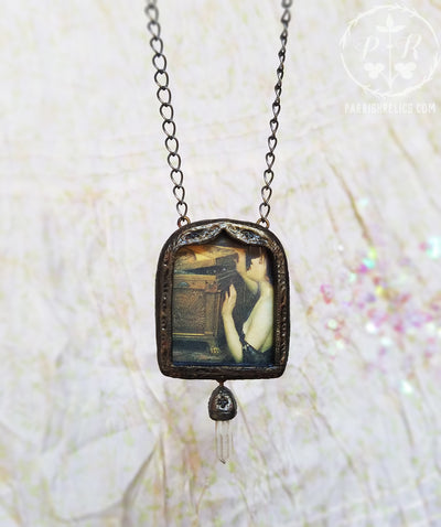 Pandora's Box Gothic Arch ~ J W Waterhouse Pictorial Shrine Amulet ~ Quartz Crystal