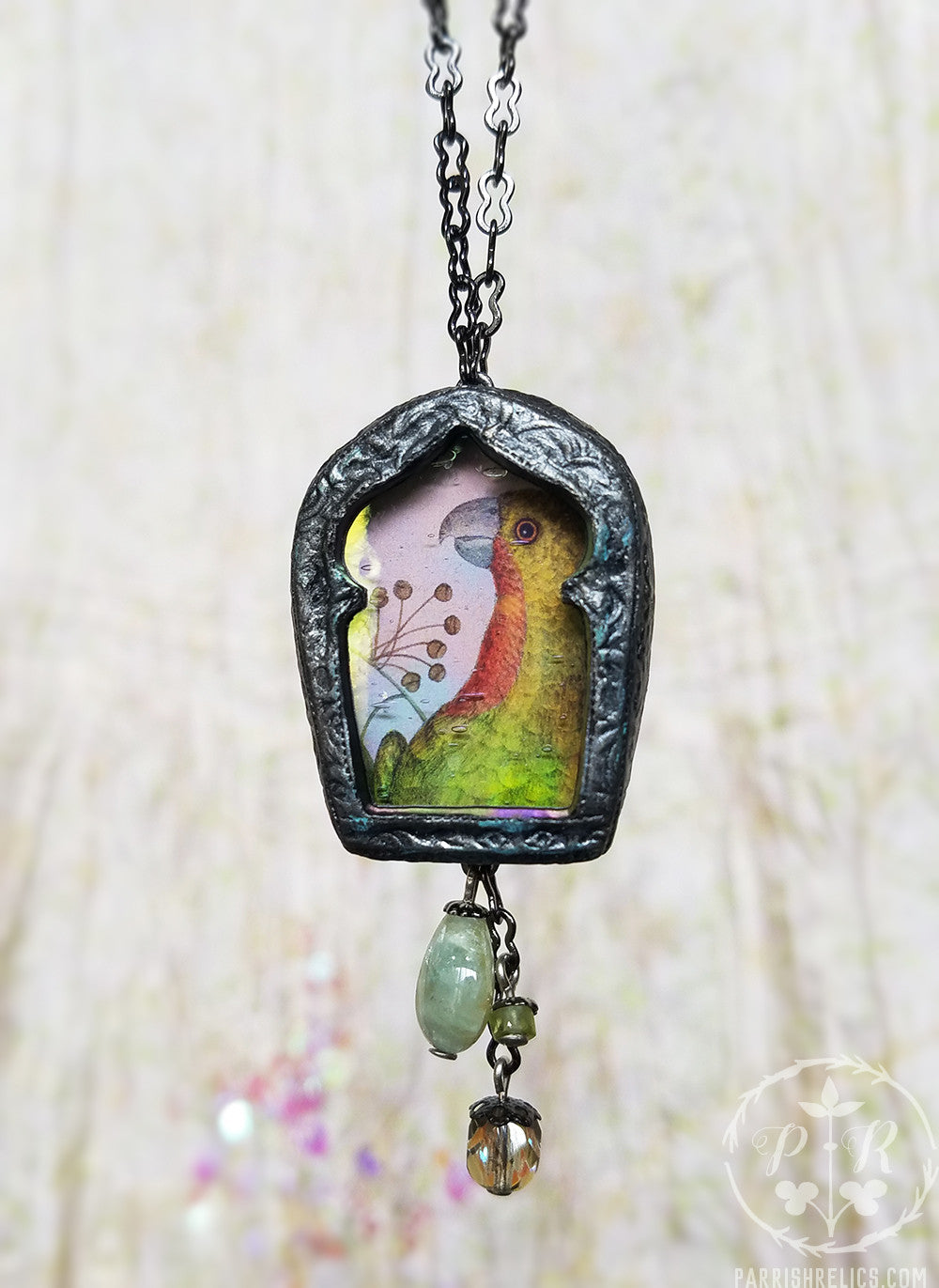 The Parrot ~ Iridescent Glass Gothic Arch Pictorial Shrine Amulet