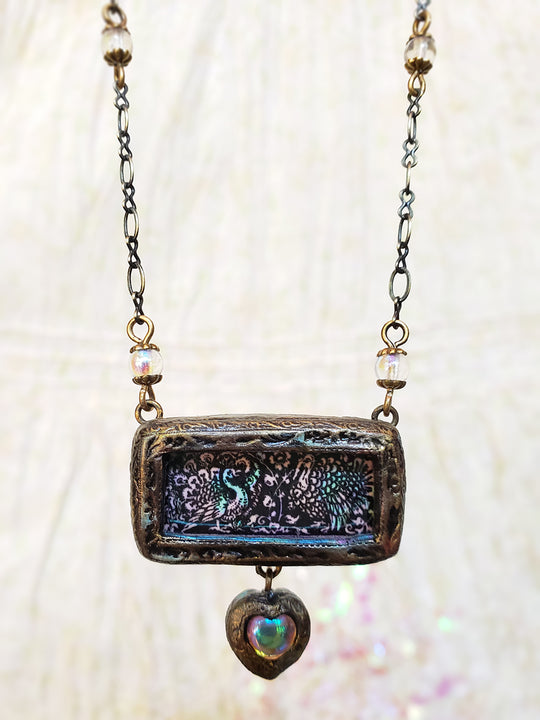 Peacock & Turkey Iridescent Stained Glass Pictorial Shrine Amulet
