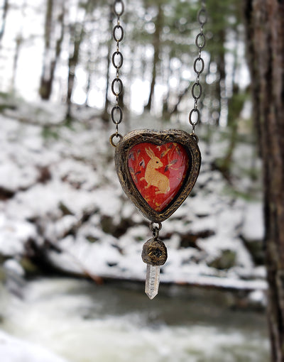 Rabbit Tapestry Heart Pictorial Shrine Quartz Crystal Amulet