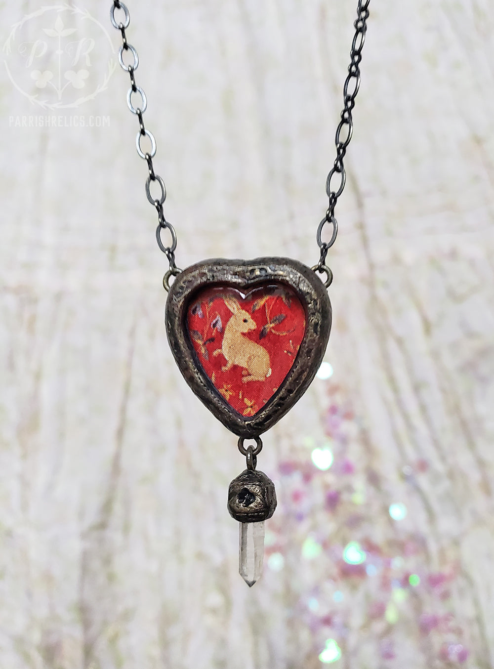 Rabbit Tapestry Heart Pictorial Shrine Quartz Crystal Amulet