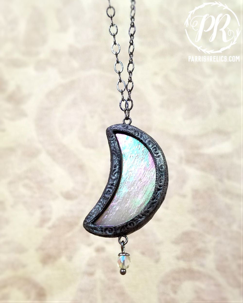 Luna: Waxing Crescent ~ Iridescent Stained Glass Amulet