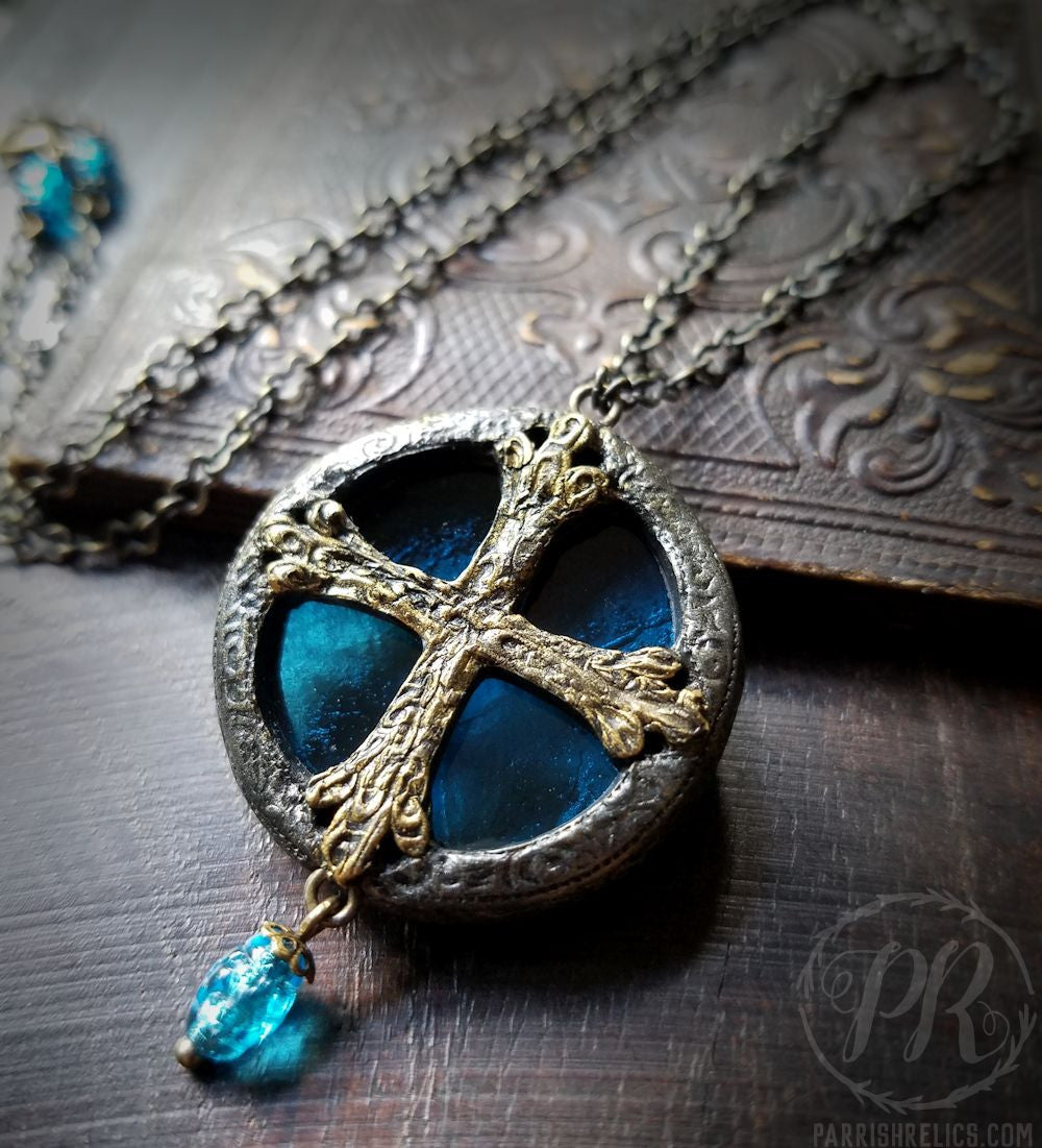 Medieval Crosslet ~ Textured Aqua Stained Glass Amulet