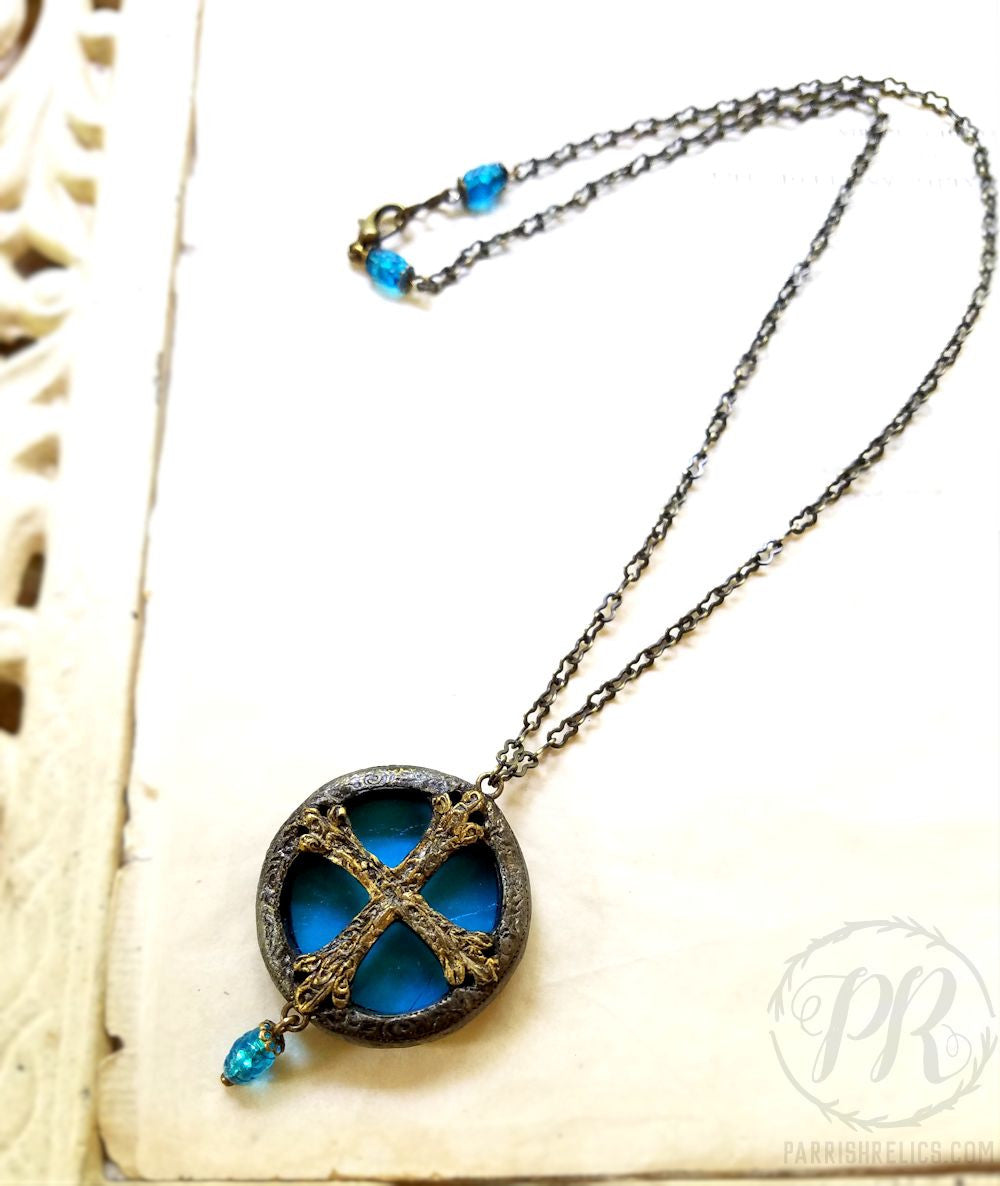 Medieval Crosslet ~ Textured Aqua Stained Glass Amulet