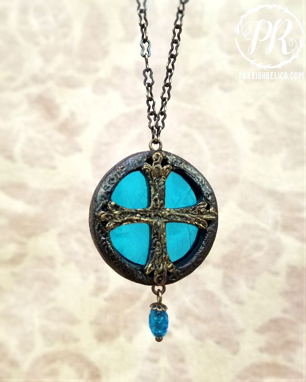 Medieval Crosslet ~ Textured Aqua Stained Glass Amulet