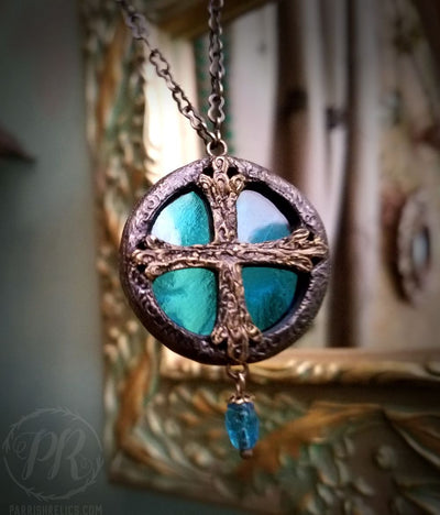 Medieval Crosslet ~ Textured Aqua Stained Glass Amulet