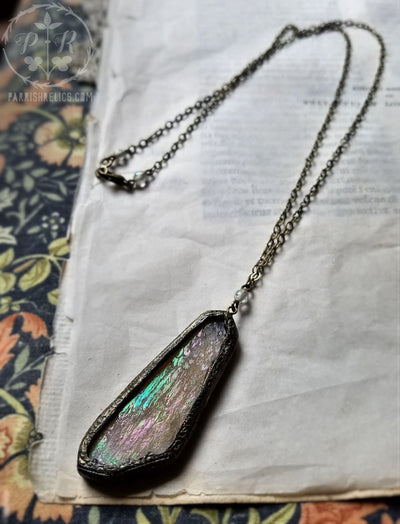 Etched Wing ~ Iridescent Stained Glass Amulet