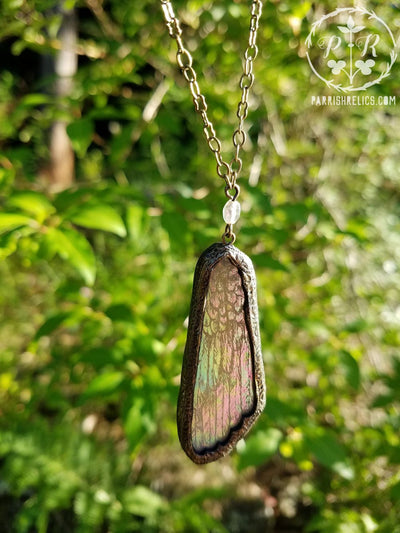 Etched Wing ~ Iridescent Stained Glass Amulet