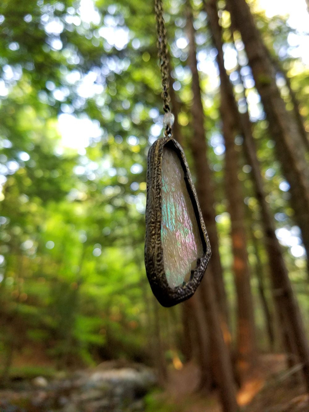 Etched Wing ~ Iridescent Stained Glass Amulet