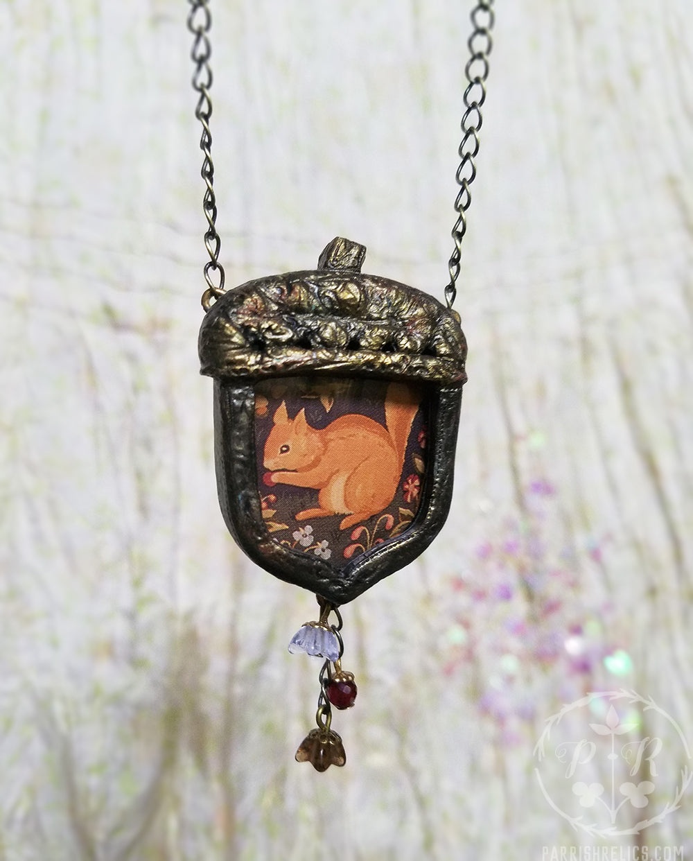 Tapestry Squirrel & Acorn Pictorial Shrine Amulet