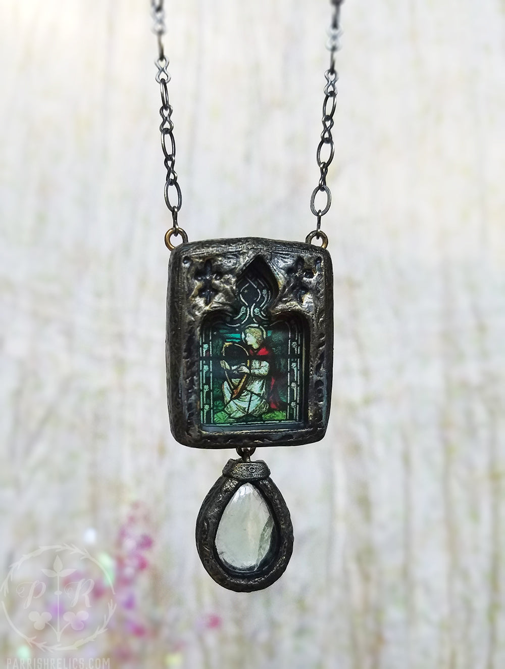 Harpist Stained Glass Pictorial Shrine Amulet with Fluorite Teardrop