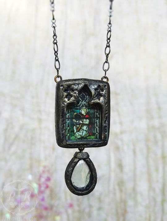 Harpist Stained Glass Pictorial Shrine Amulet with Fluorite Teardrop