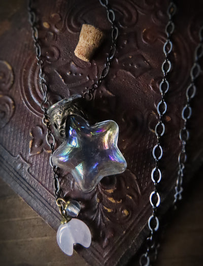 Wish Upon a Star ~ Iridescent Glass Vessel Amulet with Rose Quartz Crescent Moon