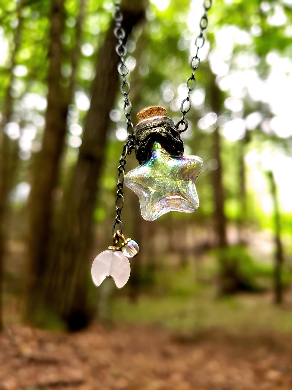 Wish Upon a Star ~ Iridescent Glass Vessel Amulet with Rose Quartz Crescent Moon