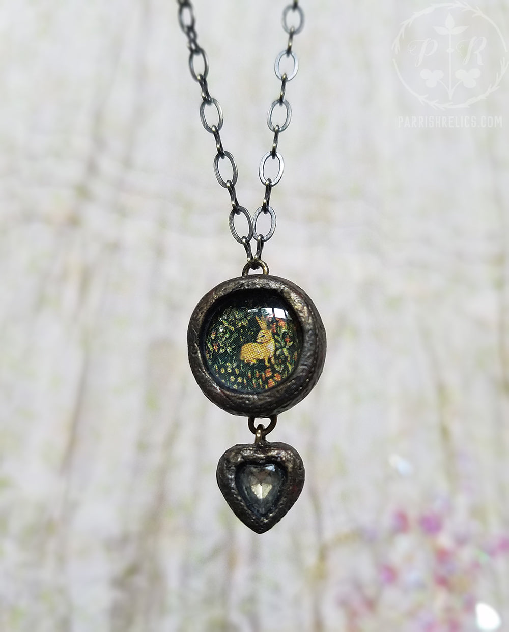 Millefleur Tapestry Rabbit & Vintage Glass Heart ~ Pictorial Shrine Amulet