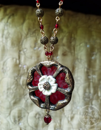 Etched Stained Glass Tudor Rose Amulet Necklace