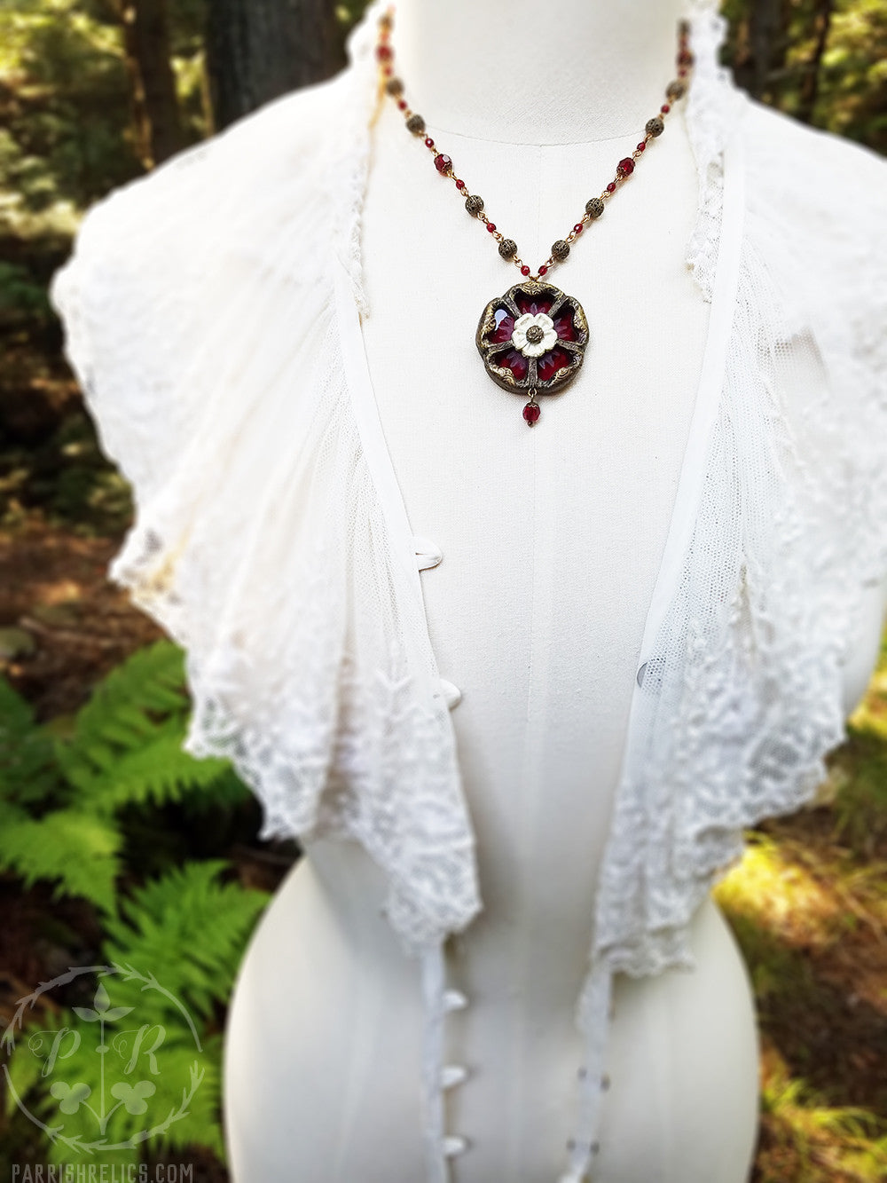 Etched Stained Glass Tudor Rose Amulet Necklace