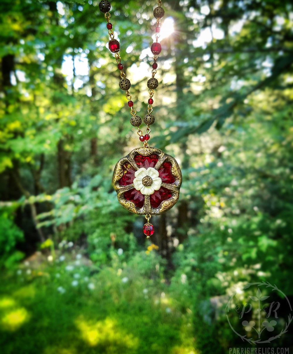 Etched Stained Glass Tudor Rose Amulet Necklace