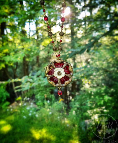 Etched Stained Glass Tudor Rose Amulet Necklace