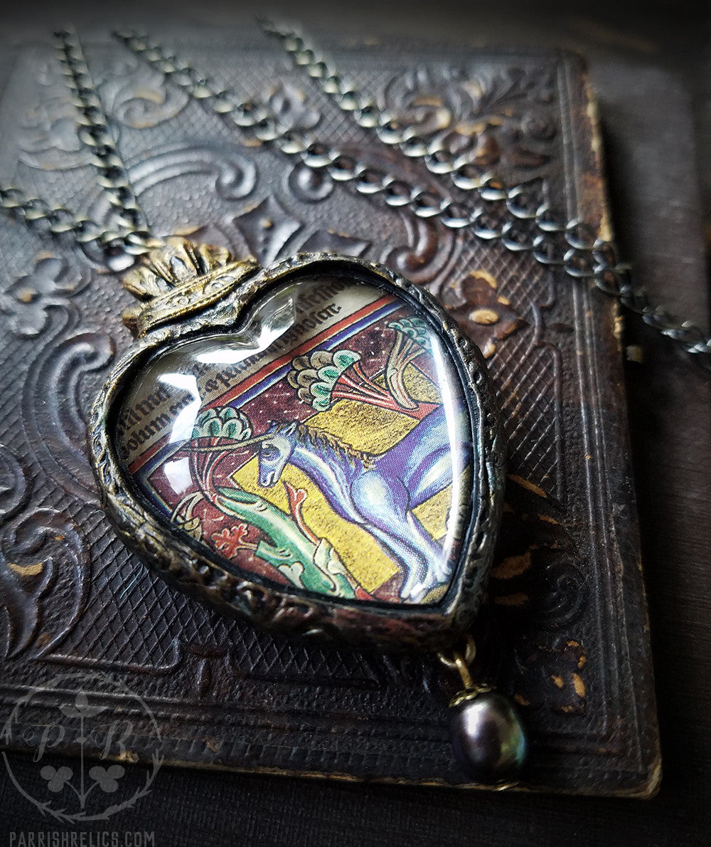 Unicorn Sacred Heart ~ Medieval Illumination Pictorial Shrine Amulet