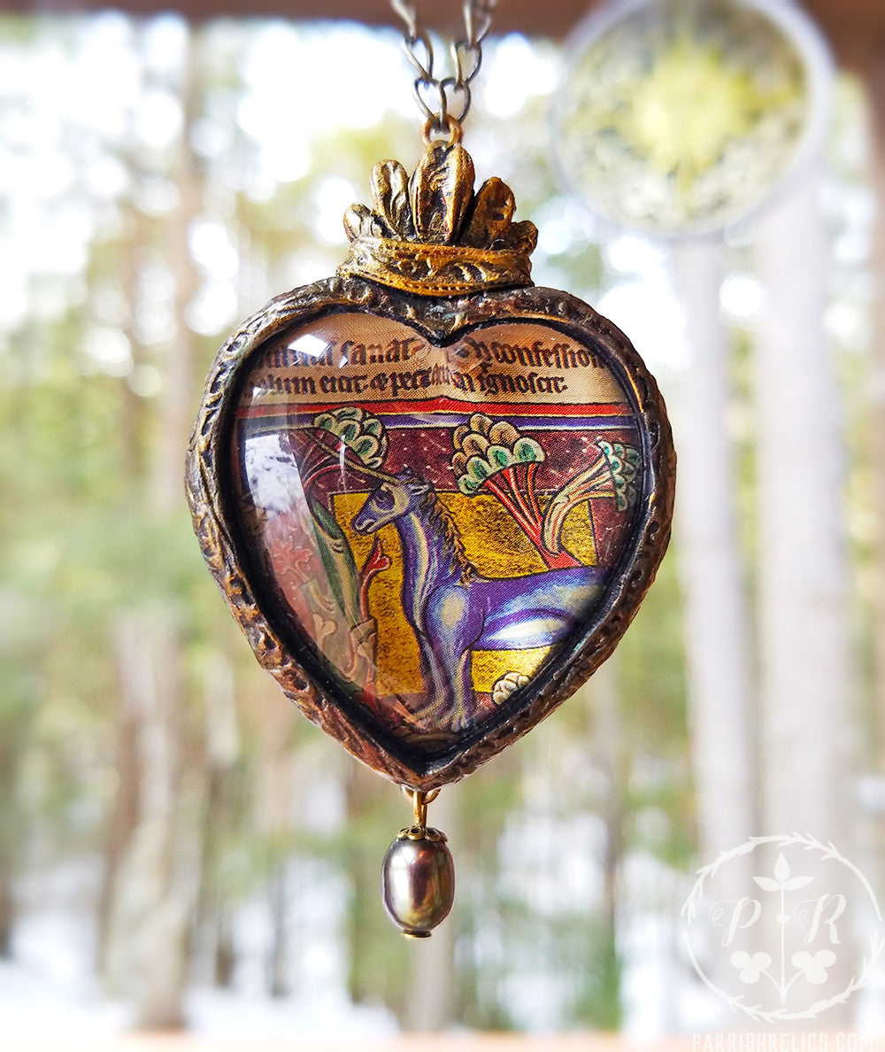 Unicorn Sacred Heart ~ Medieval Illumination Pictorial Shrine Amulet