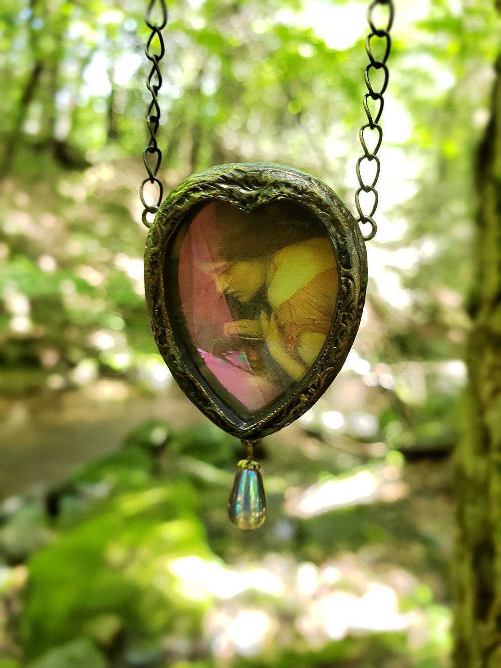 Waterhouse Nymph ~ Iridescent Stained Glass Heart Pictotrial Shrine Amulet